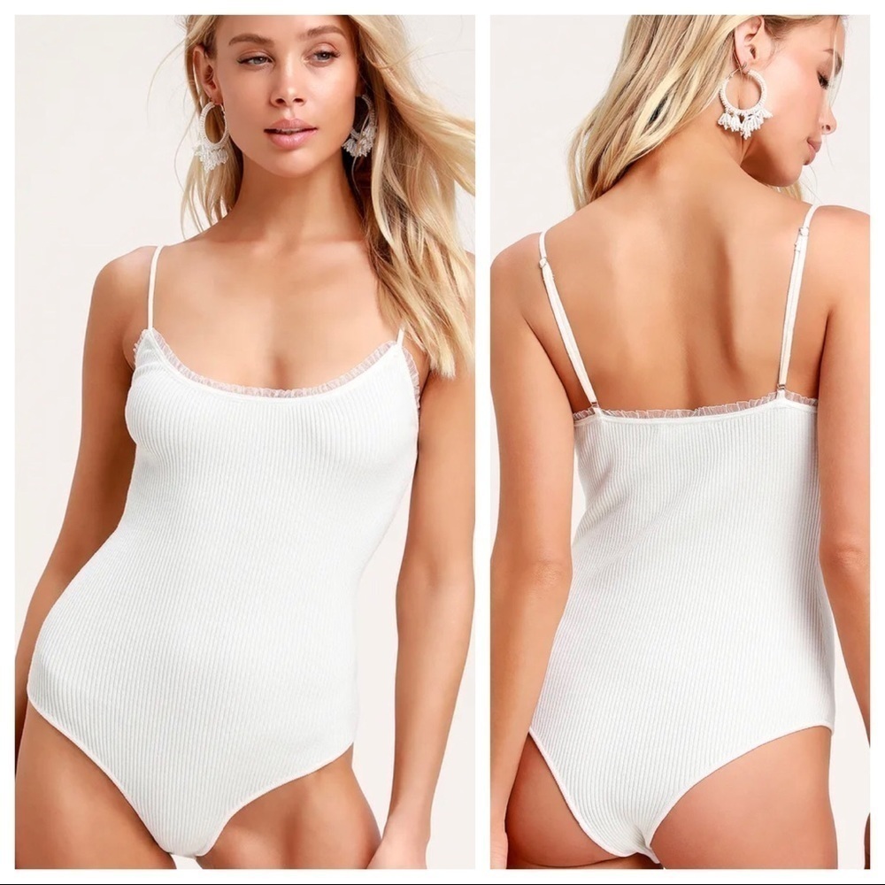 Lulus ribbed ruffle bodysuit spaghetti strap cream medium More Than Happy Lulu’s
